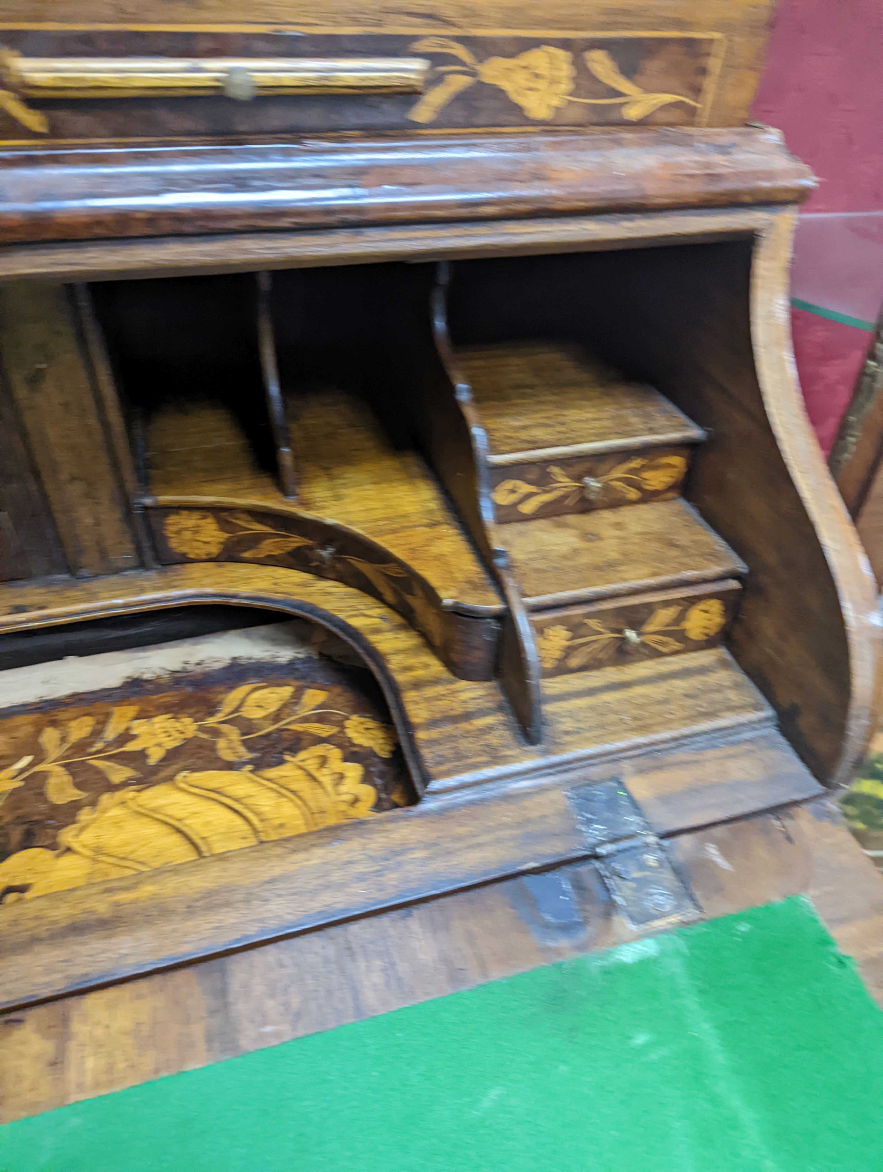 A Dutch floral marquetry walnut bombe bureau cabinet, width 120cm, depth 60cm, height 210cm